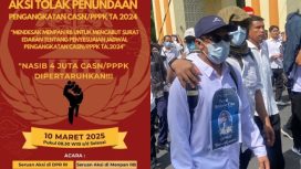 Potret poster aksi CASN dan PPPK di Jakarta (kiri), dan peserta unjuk rasa yang mendesak MenPAN RB cabut edaran ‘tunda pengangkatan’ (kanan). (X.com / @RafialN - @Indosaiya)