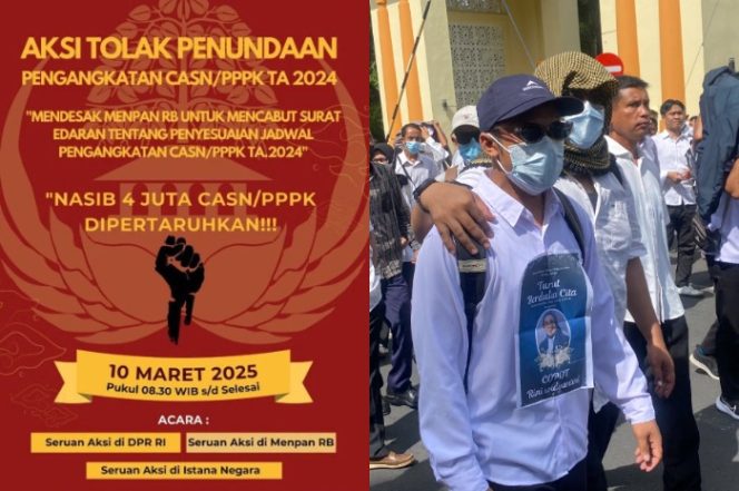 
					Potret poster aksi CASN dan PPPK di Jakarta (kiri), dan peserta unjuk rasa yang mendesak MenPAN RB cabut edaran ‘tunda pengangkatan’ (kanan). (X.com / @RafialN - @Indosaiya)